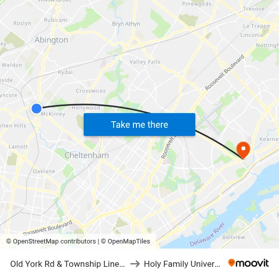 Old York Rd & Township Line Rd to Holy Family University map