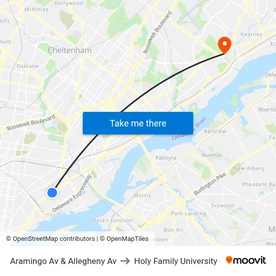 Aramingo Av & Allegheny Av to Holy Family University map