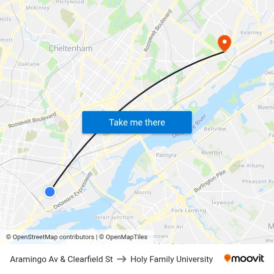 Aramingo Av & Clearfield St to Holy Family University map