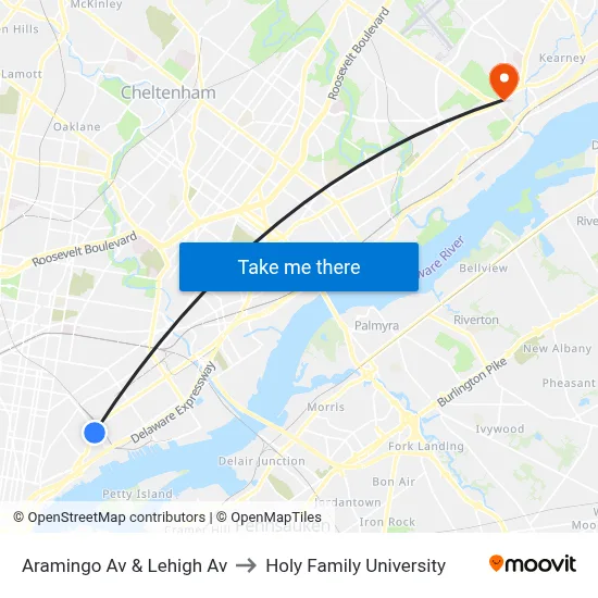 Aramingo Av & Lehigh Av to Holy Family University map