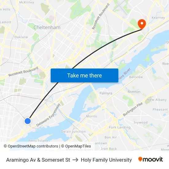 Aramingo Av & Somerset St to Holy Family University map