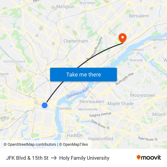 JFK Blvd & 15th St to Holy Family University map