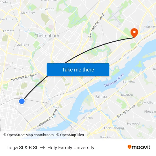 Tioga St & B St to Holy Family University map