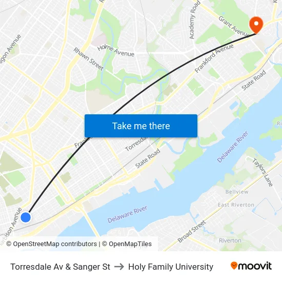 Torresdale Av & Sanger St to Holy Family University map
