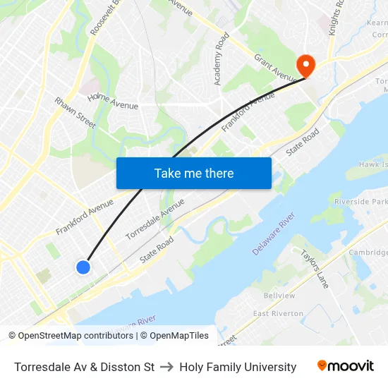 Torresdale Av & Disston St to Holy Family University map