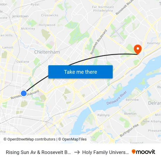 Rising Sun Av & Roosevelt Blvd to Holy Family University map