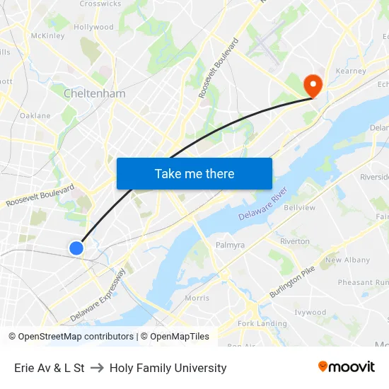 Erie Av & L St to Holy Family University map