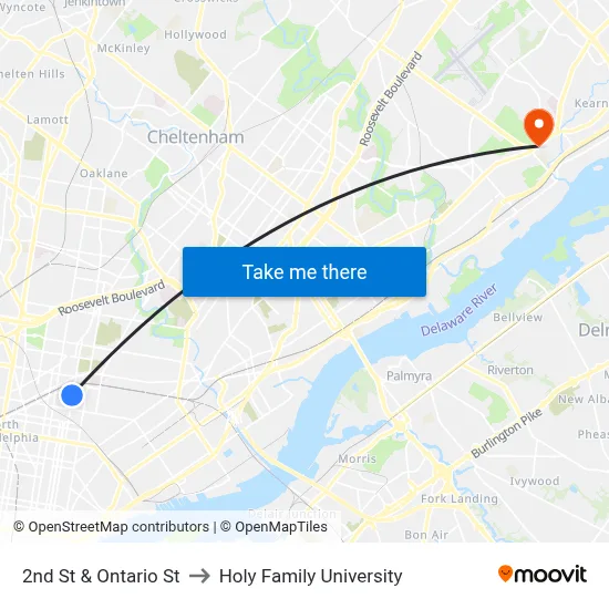 2nd St & Ontario St to Holy Family University map