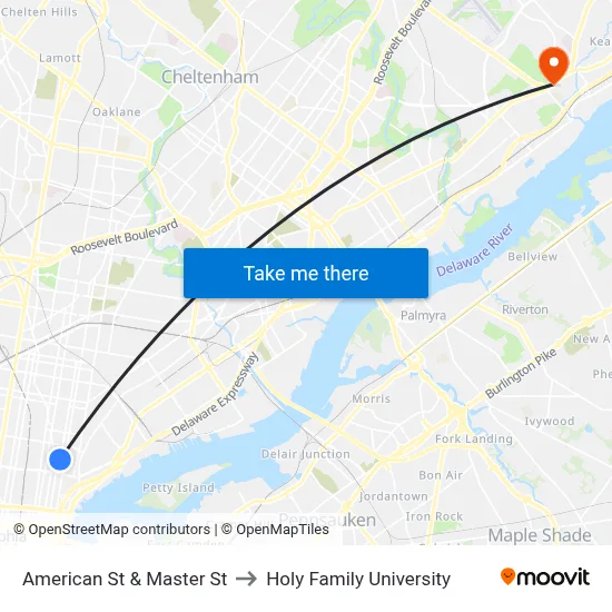 American St & Master St to Holy Family University map