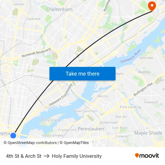 4th St & Arch St to Holy Family University map