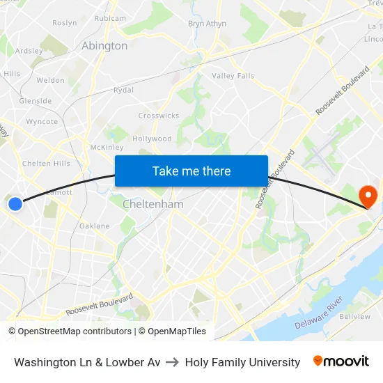 Washington Ln & Lowber Av to Holy Family University map