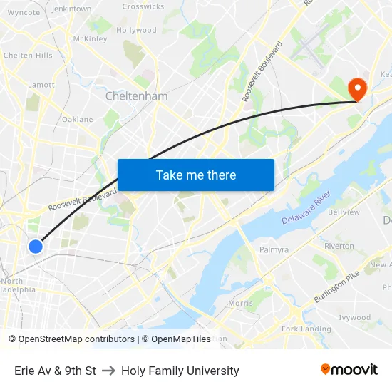 Erie Av & 9th St to Holy Family University map