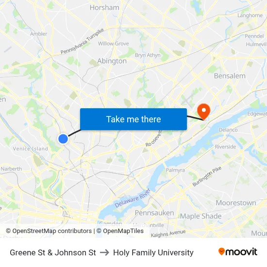 Greene St & Johnson St to Holy Family University map