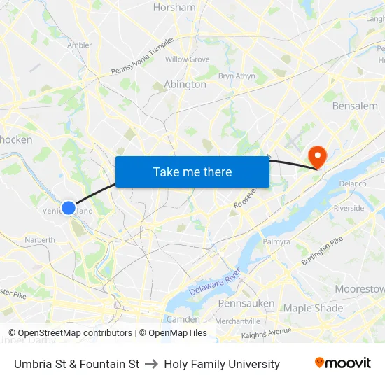 Umbria St & Fountain St to Holy Family University map