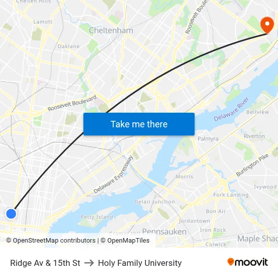 Ridge Av & 15th St to Holy Family University map