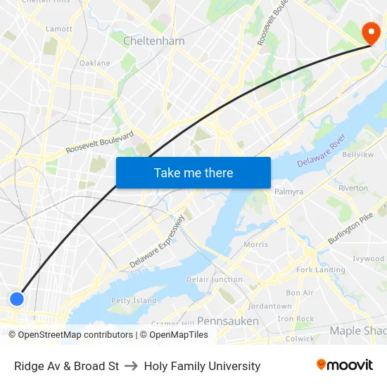 Ridge Av & Broad St to Holy Family University map
