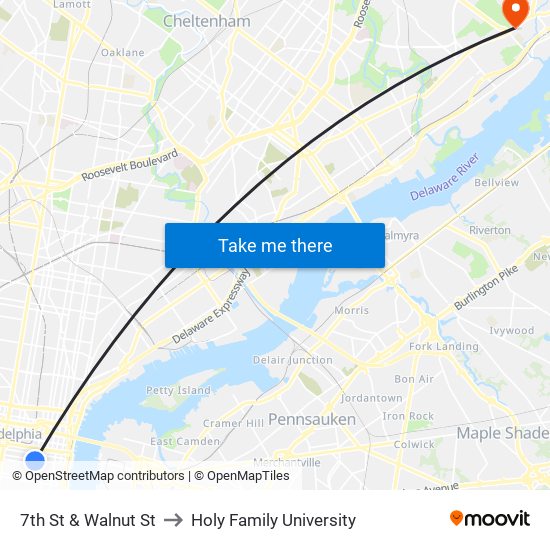 7th St & Walnut St to Holy Family University map