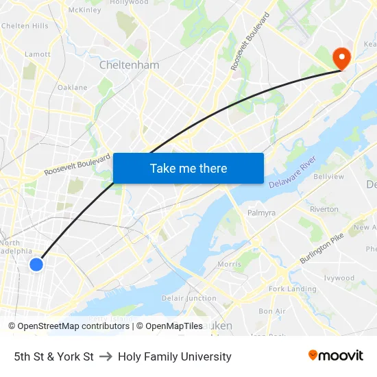 5th St & York St to Holy Family University map