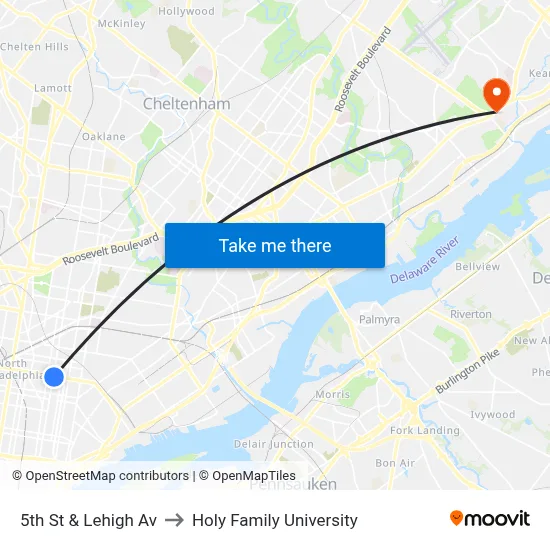 5th St & Lehigh Av to Holy Family University map