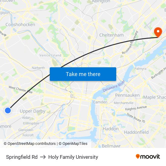 Springfield Rd to Holy Family University map