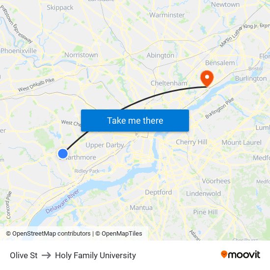 Olive St to Holy Family University map