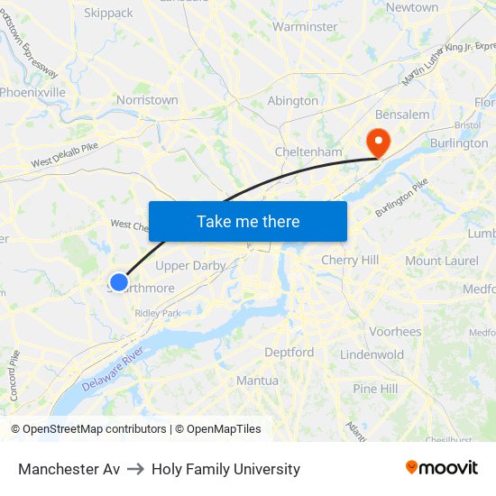 Manchester Av to Holy Family University map
