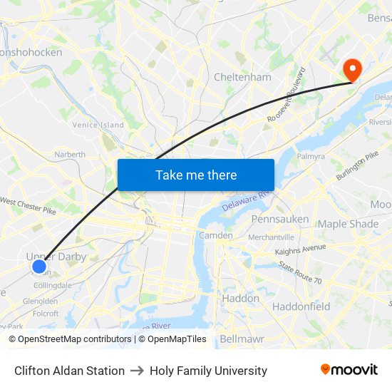 Clifton Aldan Station to Holy Family University map
