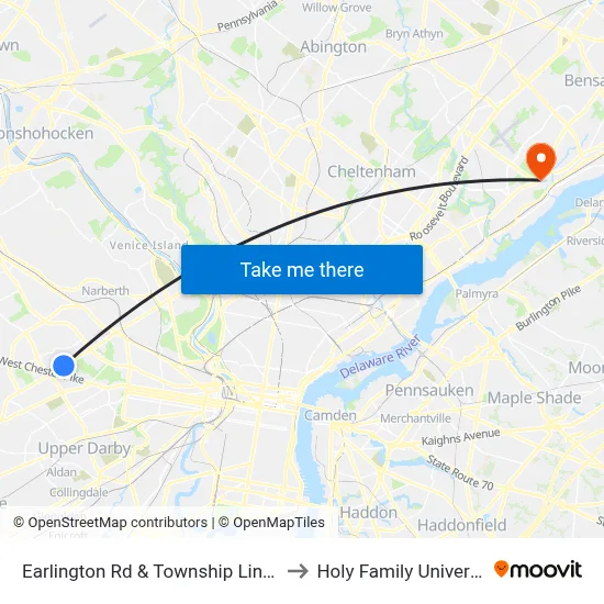 Earlington Rd & Township Line Rd to Holy Family University map