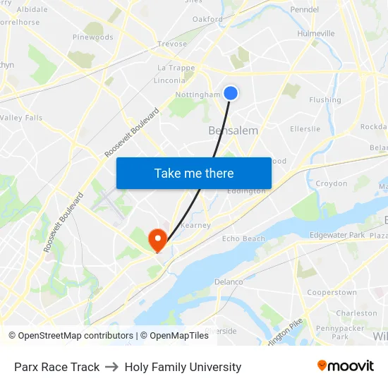 Parx Race Track to Holy Family University map
