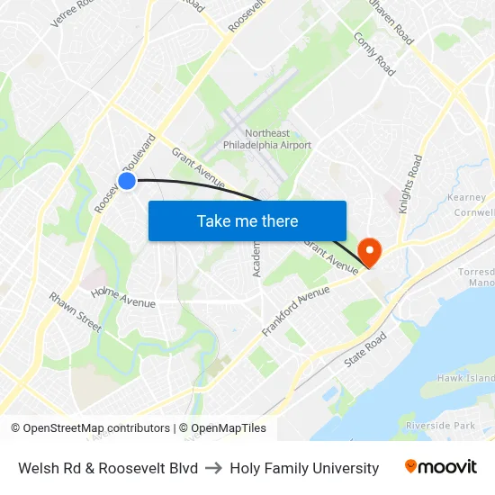 Welsh Rd & Roosevelt Blvd to Holy Family University map