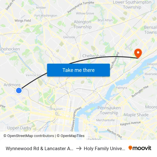 Wynnewood Rd & Lancaster Av - FS to Holy Family University map