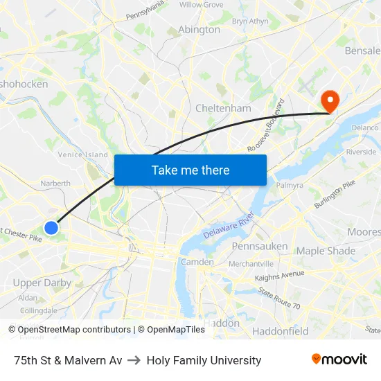 75th St & Malvern Av to Holy Family University map