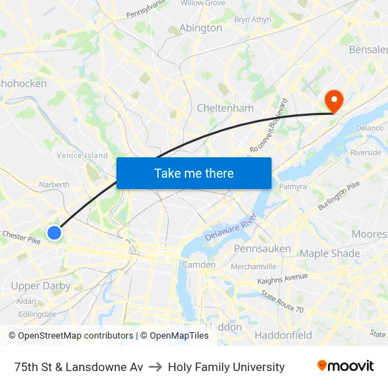 75th St & Lansdowne Av to Holy Family University map