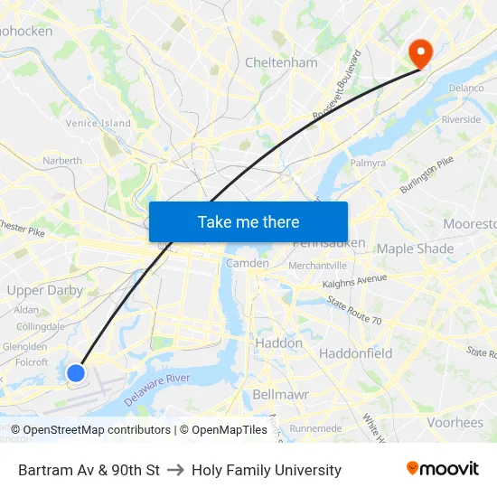Bartram Av & 90th St to Holy Family University map