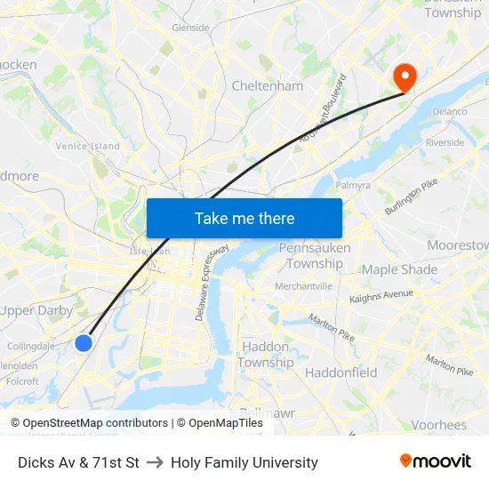 Dicks Av & 71st St to Holy Family University map