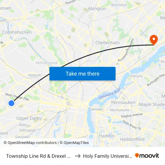 Township Line Rd & Drexel Av to Holy Family University map