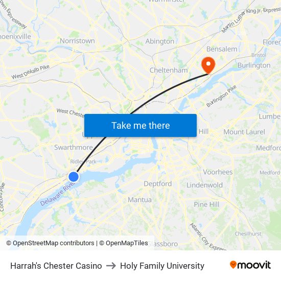 Harrah's Chester Casino to Holy Family University map