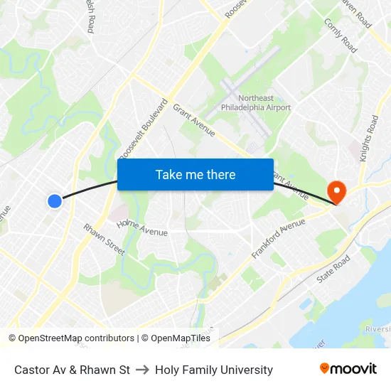 Castor Av & Rhawn St to Holy Family University map