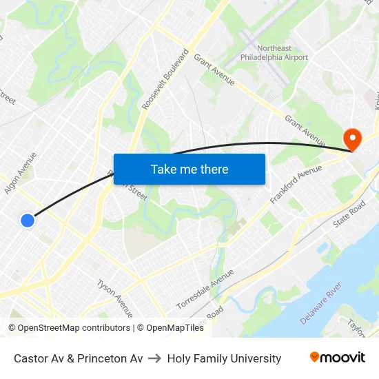Castor Av & Princeton Av to Holy Family University map