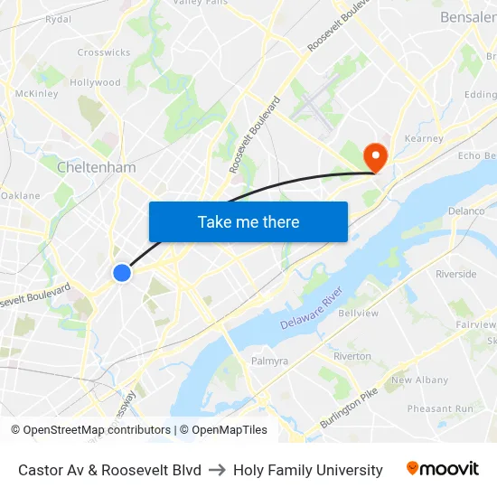 Castor Av & Roosevelt Blvd to Holy Family University map