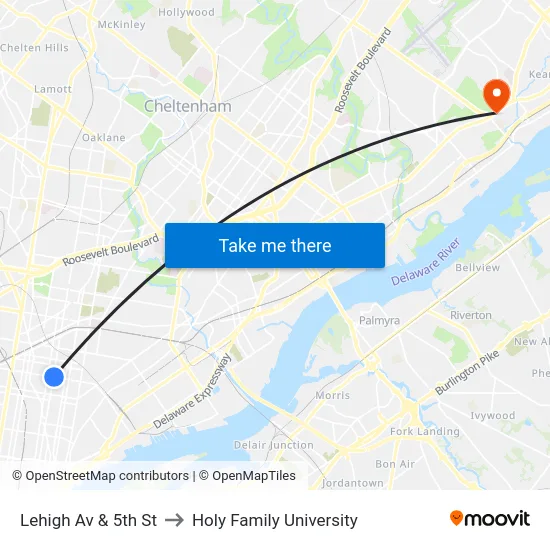 Lehigh Av & 5th St to Holy Family University map