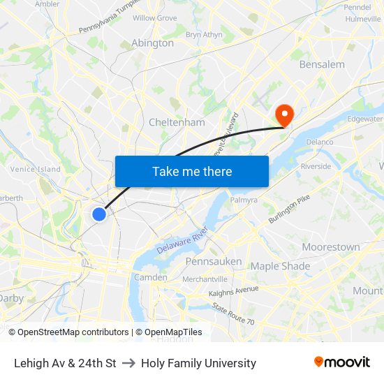 Lehigh Av & 24th St to Holy Family University map