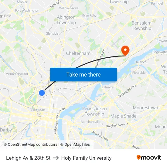 Lehigh Av & 28th St to Holy Family University map