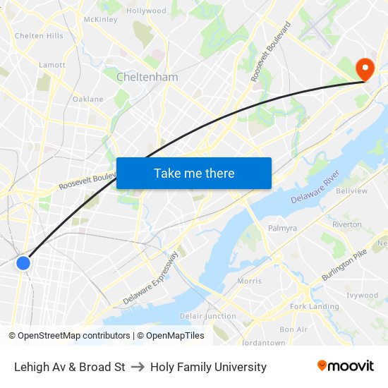 Lehigh Av & Broad St to Holy Family University map