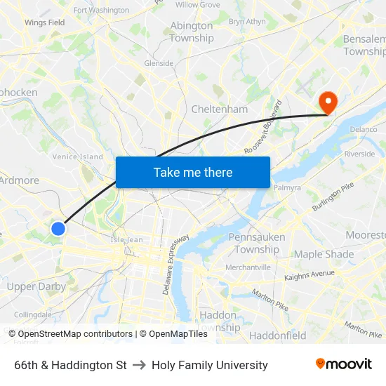 66th & Haddington St to Holy Family University map