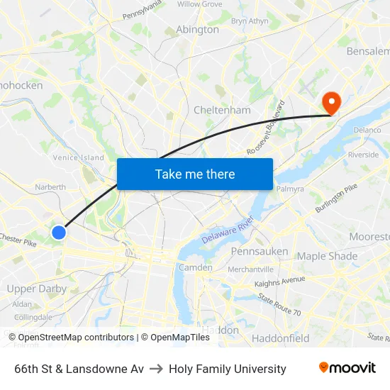 66th St & Lansdowne Av to Holy Family University map