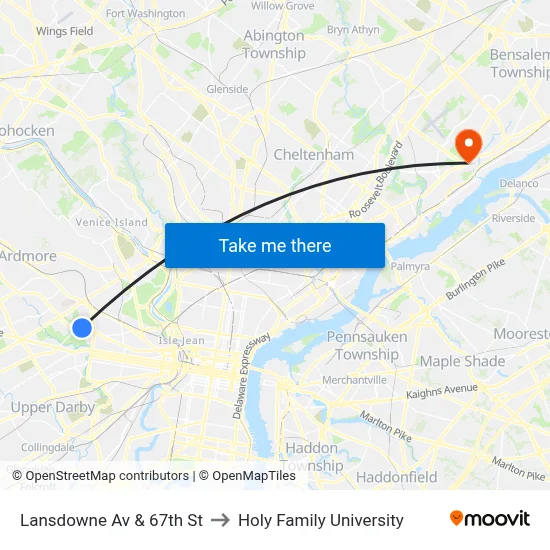 Lansdowne Av & 67th St to Holy Family University map