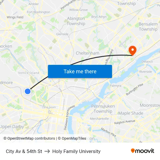 City Av & 54th St to Holy Family University map