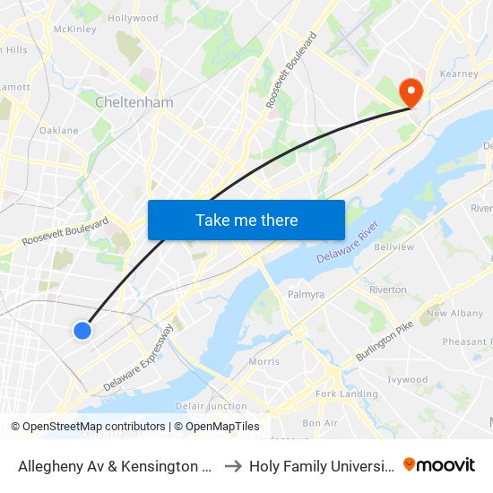 Allegheny Av & Kensington Av to Holy Family University map