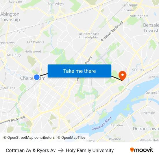 Cottman Av & Ryers Av to Holy Family University map